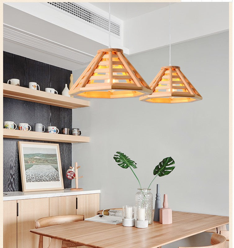 Bamboo Woven Wood LED Pendant Light / With Milky White Glass Cover / Small Size 35cm Wood Color