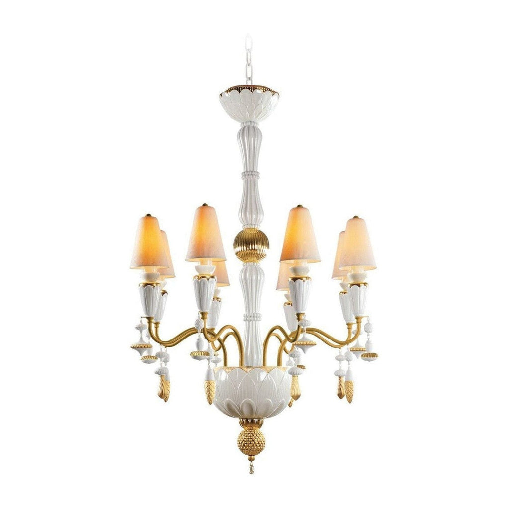 Eight-Light Porcelain Botanical Chandelier / Golden Luster