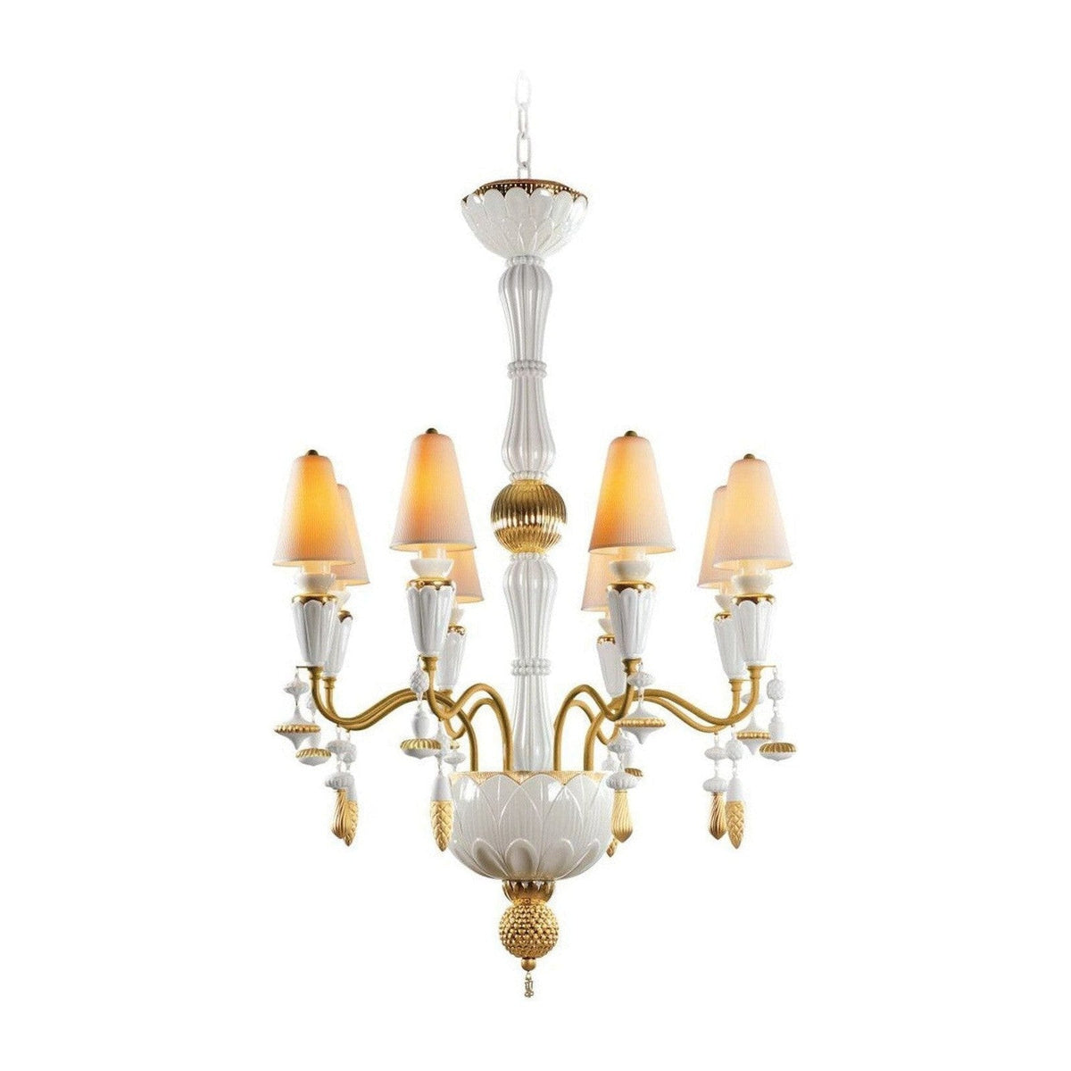 Eight-Light Porcelain Botanical Chandelier / Golden Luster