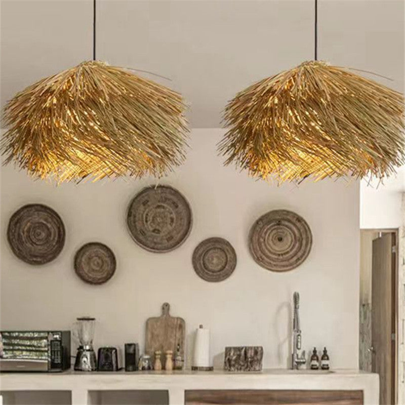 Japanese Wabi Sabi Rattan Straw Hat Pendant Light