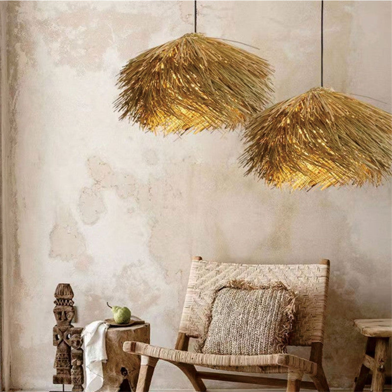 Japanese Wabi Sabi Rattan Straw Hat Pendant Light