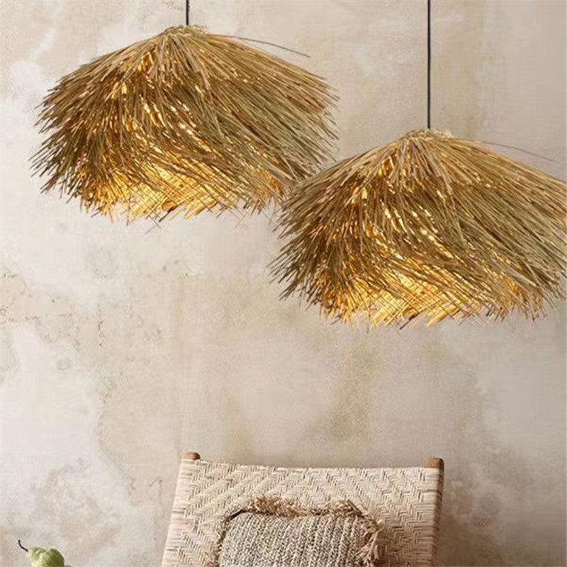 Japanese Wabi Sabi Rattan Straw Hat Pendant Light