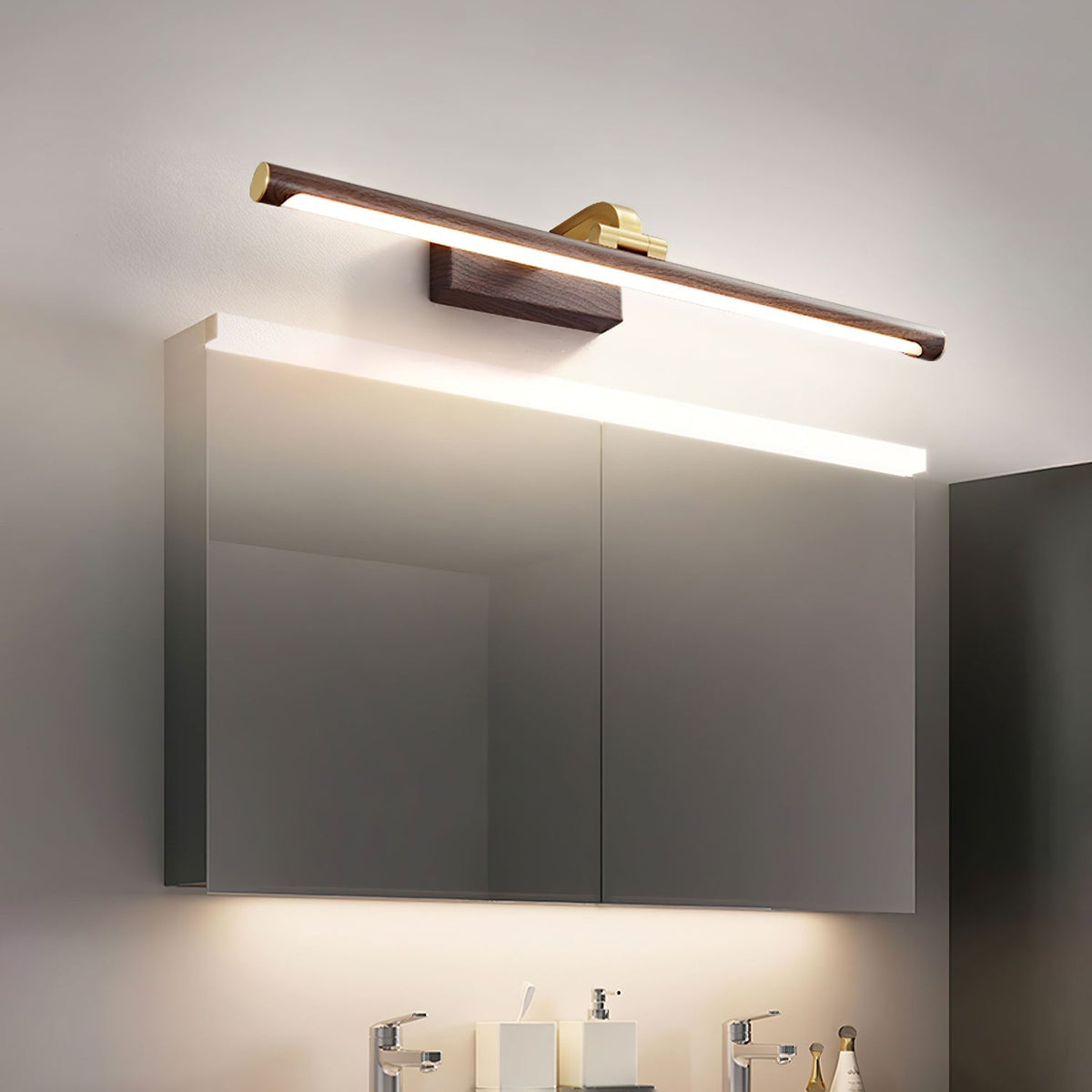 Walnut Brass Linear LED Wall Light / ∅ 15.7″ x H 3.3″ / Walnut Color & Warm Light / Set Of 2